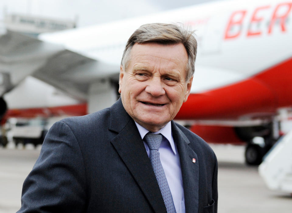 FILE - In this Jan. 23, 2012 file photo former head of Air Berlin Hartmut Mehdorn stands in front of an Airbus plane at the airport Berlin-Tegel, Germany. Transport Minister Peter Ramsauer said Friday, March 8, 2013, that Hartmut Mehdorn, who ran Air Berlin after leaving Deutsche Bahn in 2009, will take over as CEO of Berlin airports. He left Air Berlin in January. (AP Photo/dpa, Maurizio Gambarini)
