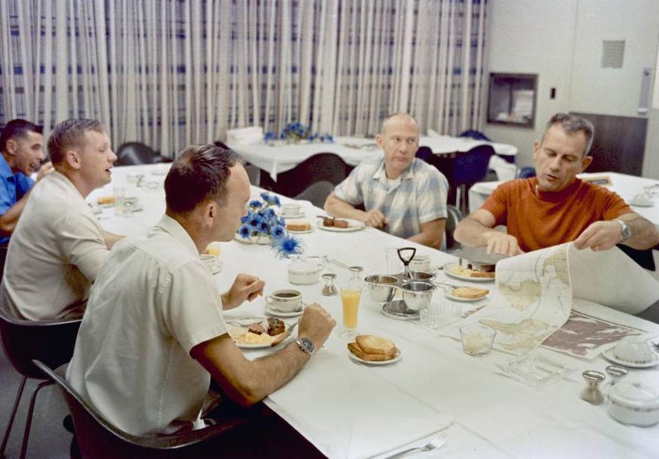 <p>Prelaunch breakfast in crew quarters with Armstrong, Collins, and Aldrin.</p>