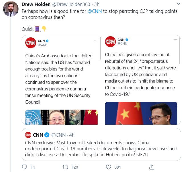 CNN過去曾多次幫中共說話。（圖／翻攝自Drew Holden推特）