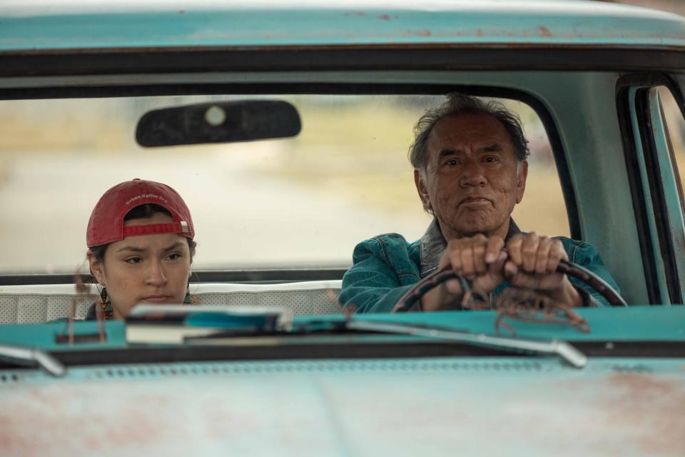 From left, Paulina Alexis stars as Willie Jack and Wes Studi plays Bucky in the acclaimed series "Reservation Dogs."