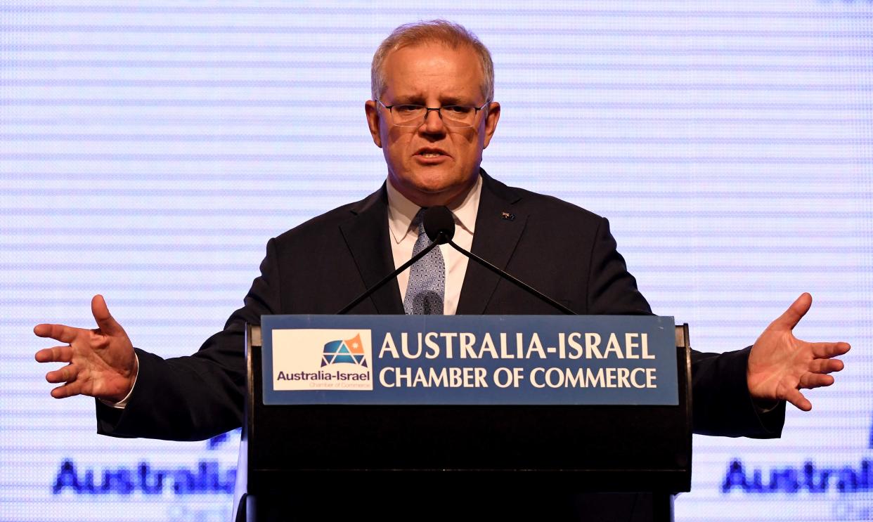 <p>Australia's Prime Minister Scott Morrison speaks during an address at the Australia-Israel Chamber of Commerce luncheon in Melbourne on 6 May, 2021</p> (AFP via Getty Images)