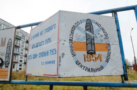 A view shows a board on a street of the military garrison located near the village of Nyonoksa in Arkhangelsk Region