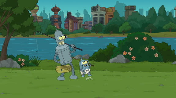 Bender and his son go fishing in this scene from the first episode of the seventh season of "Futurama."