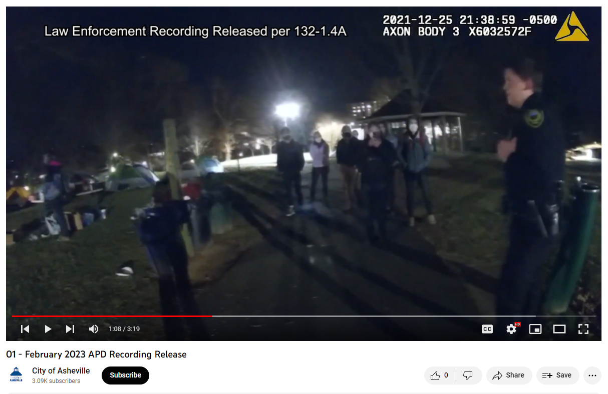 Asheville Police Department body camera video from Dec. 25, 2021, the night two Asheville Blade reporters were arrested and charged with trespassing.
