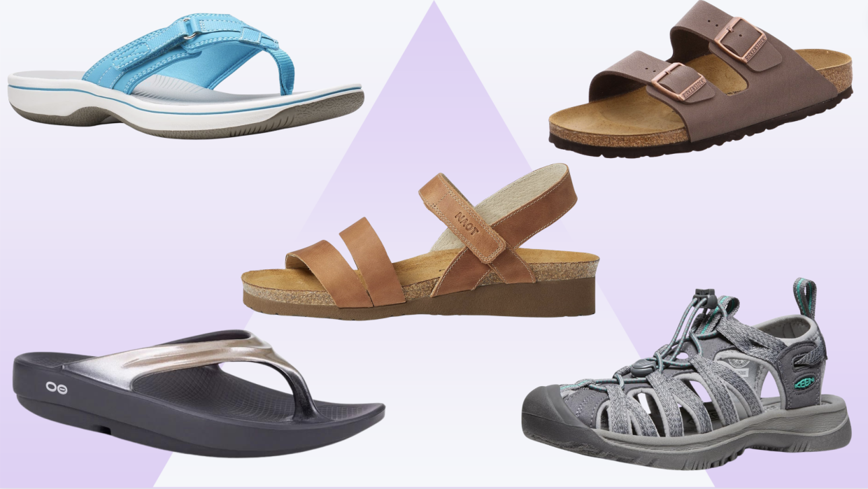 A collage with five different sandals.