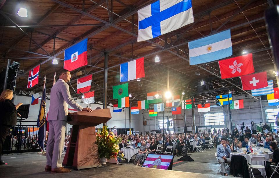 Stockton Mayor Kevin Lincoln speaks at the annual State of the City event on by the Greater Stockton Chamber of Commerce at the Port of Stockton on Apr. 18. 2024.