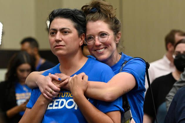Dr. Iman Alsaden, abortion provider and chief medical officer for Planned Parenthood Great Plains, and Kelsey Rhodes of Kansas City hug as they and Kansans for Constitutional Freedom supporters celebrate a victory at the polls on Tuesday night. (Photo: Kansas City Star via Getty Images)