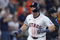 Houston Astros' Jake Meyers celebrates after hitting a solo home run during the second inning of a baseball game against the New York Yankees, Thursday, March 28, 2024, in Houston. (AP Photo/Kevin M. Cox)