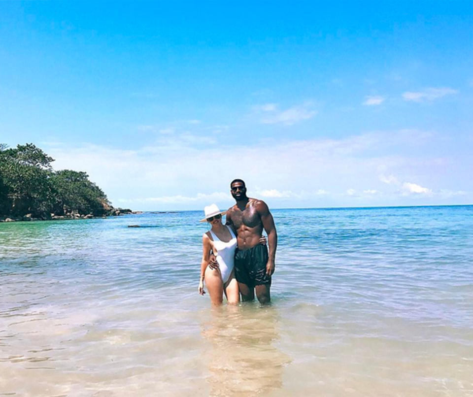 <p>The pair posed in the water during a<span> romantic February getaway</span> to the beach. </p>