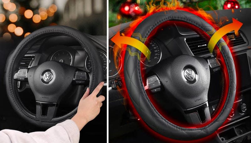 A heated steering wheel cover illustrated emitting heat in all directions.