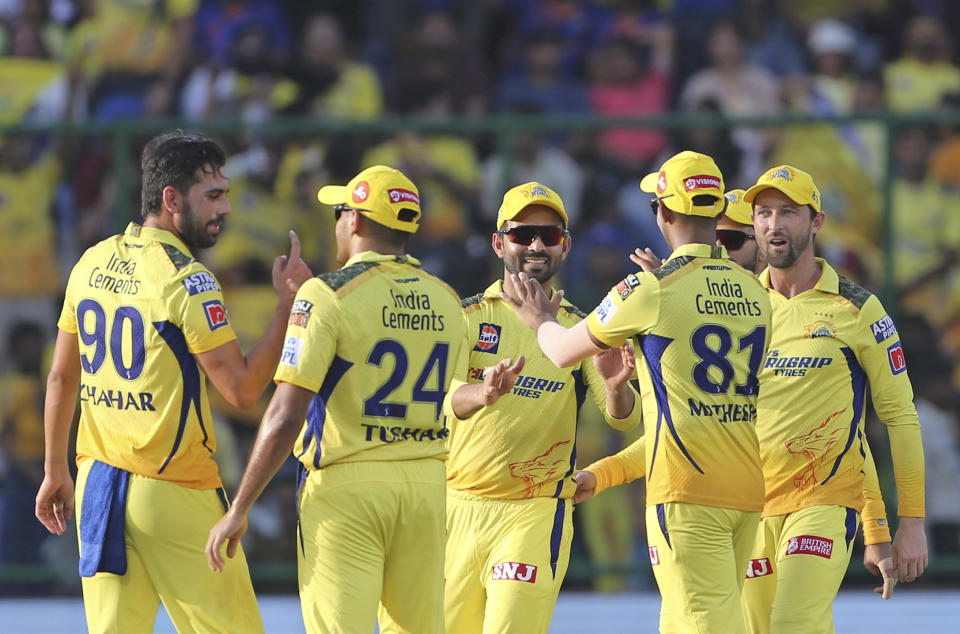 Deepak Chahar of Chennai Super Kings celebrates the wicket of Phil Salt of Delhi Capitals during the Indian Premier League cricket match between Delhi Capitals and Chennai Super Kings in New Delhi, India, Saturday, May 20, 2023. (AP Photo/Surjeet Yadav)