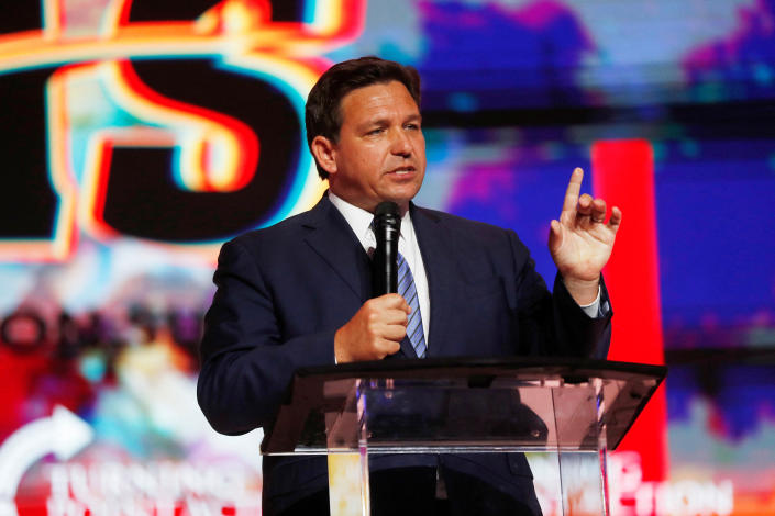 Florida Governor Ron DeSantis gives a speech during the Turning Point USA’s (TPUSA) Student Action Summit (SAS) held at the Tampa Convention Center in Tampa, Florida, U.S. July 22, 2022.  REUTERS/Octavio Jones
