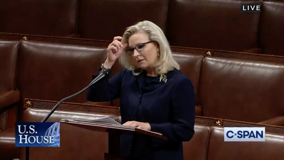 In this video frame grab taken from C-SPAN television, House Republican Conference Chair Rep. Liz Cheney, R-Wyo., speaks on the floor of the House of Representatives in Washington, onTuesday May 11, 2021. House Minority Leader Kevin McCarthy, R-Calif., has set a Wednesday vote for removing Cheney from her No. 3 Republican leadership post after Cheney repeatedly challenged former President Donald Trump over his claims of widespread voting fraud and his role in encouraging supporters' Jan. 6 attack on the Capitol