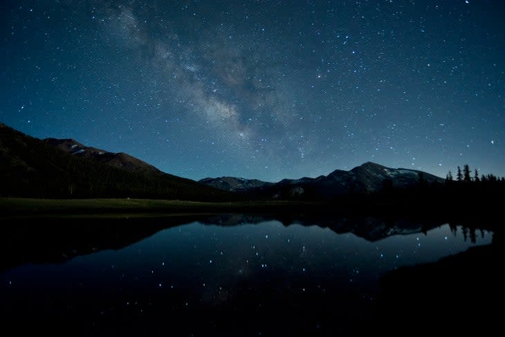 Milky Way reflecting in seasonal pond at 9,000 feet in Tuolumne Meadows, Yosemite National Park