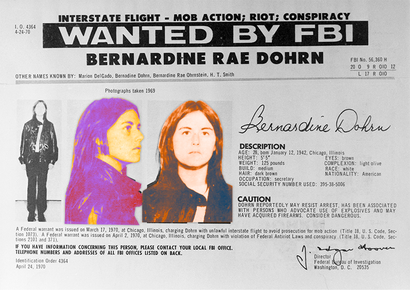 Bernardine Rae Dohrn's wanted poster by the FBI, with her mugshot and profile picture edited in bright purple, yellow, and orange colors