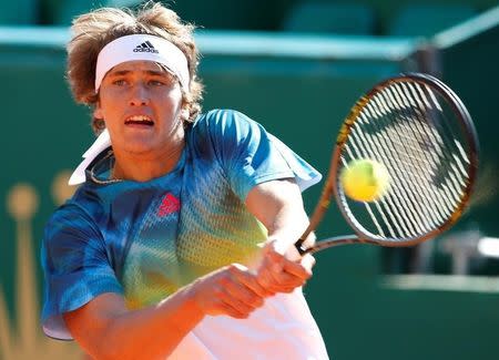 Tennis - Monte Carlo Masters - Monaco, 11/04/2016. Alexander Zverev of Germany plays a shot to Andrey Rublev of Russia. REUTERS/Eric Gaillard