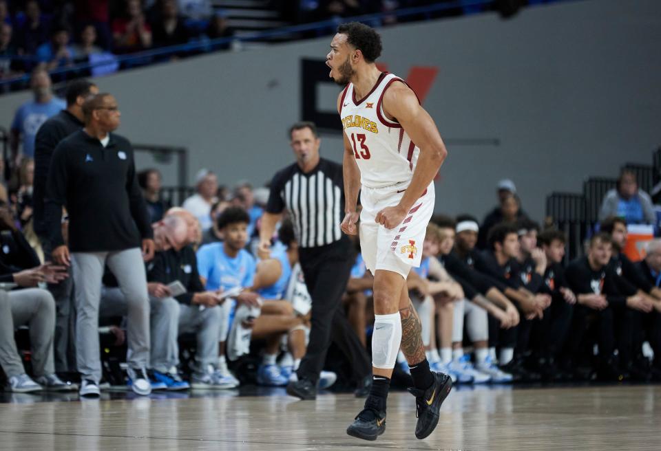 Iowa State's Jaren Holmes reacts after scoring against North Carolina during the first half of Friday's game in Portland, Ore.