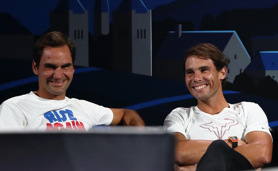 Rafa Nadal (pictured right) and Roger Federer (pictured left) sharing a laugh at the Laver Cup.