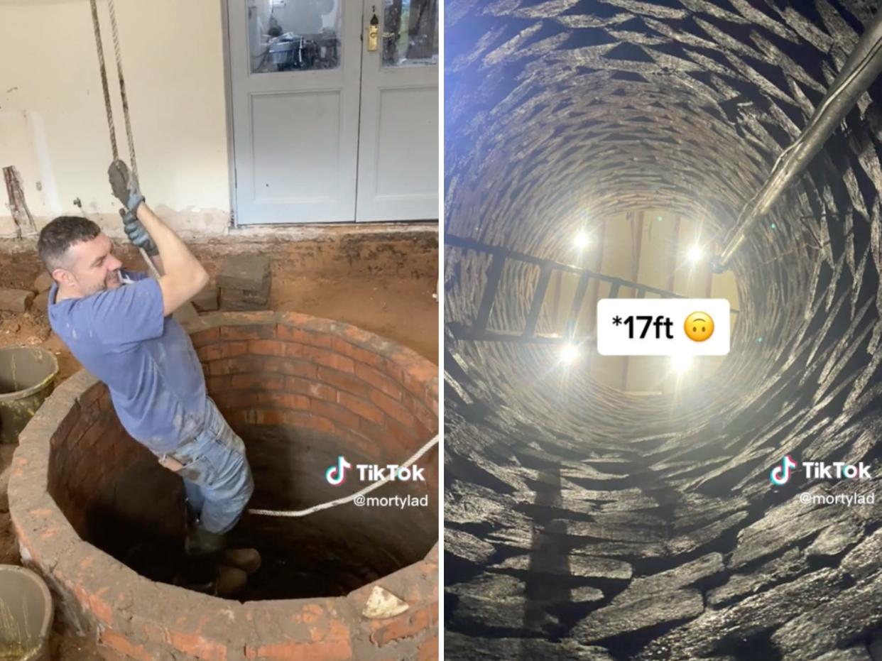 Screenshots from @MortyLad's TikTok, using a pully system to go down into the well, and a view from the bottom.