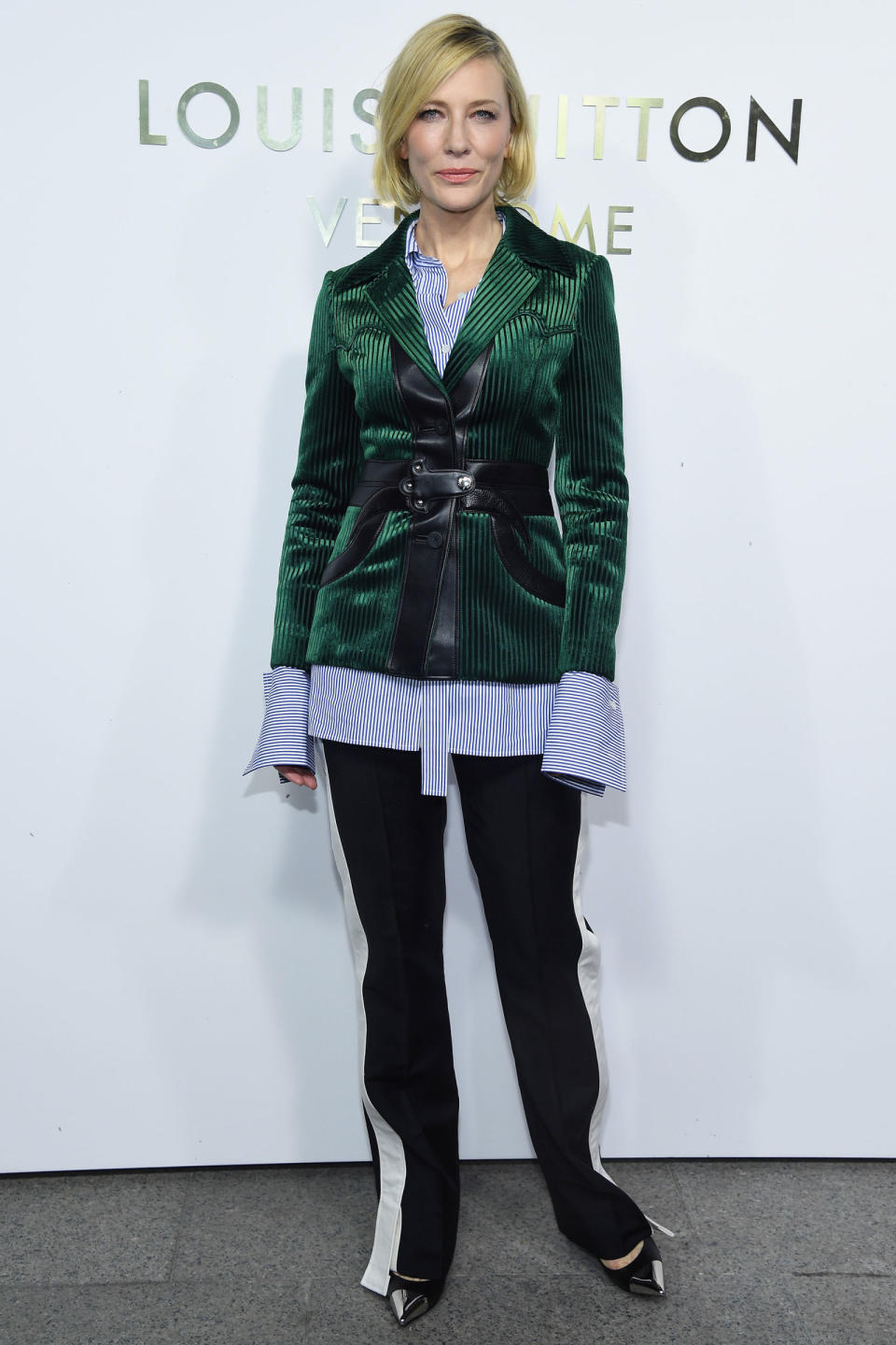 <p><strong>2 October</strong> Cate Blanchett attended the opening of the Louis Vuitton boutique <span>wearing a green velvet blazer over a long-sleeved pinstripe shirt, with two-tone trousers and heels. </span></p>