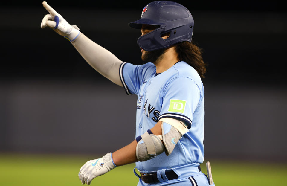 Toronto Blue Jays' Bo Bichette reacts after hitting a single against the New York Yankees during the third inning of a baseball game Wednesday, Sept. 20, 2023, in New York. (AP Photo/Noah K. Murray)