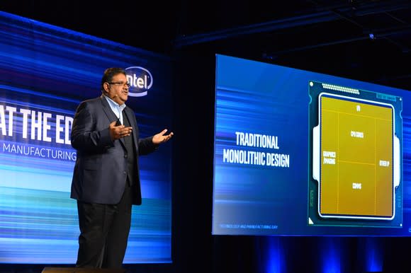 Intel executive Murthy Renduchintala presenting at the company's Technology and Manufacturing Day in 2017.