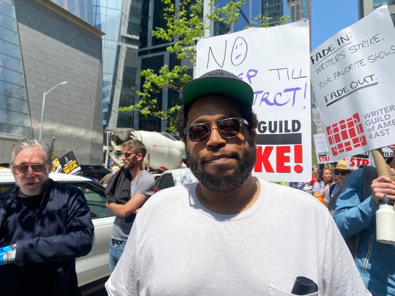 John Mahone, 36, one of the thousands of writers on strike demanding a fair contract, picketing outside of HBO and Amazon’s studio. (05/10/203) 