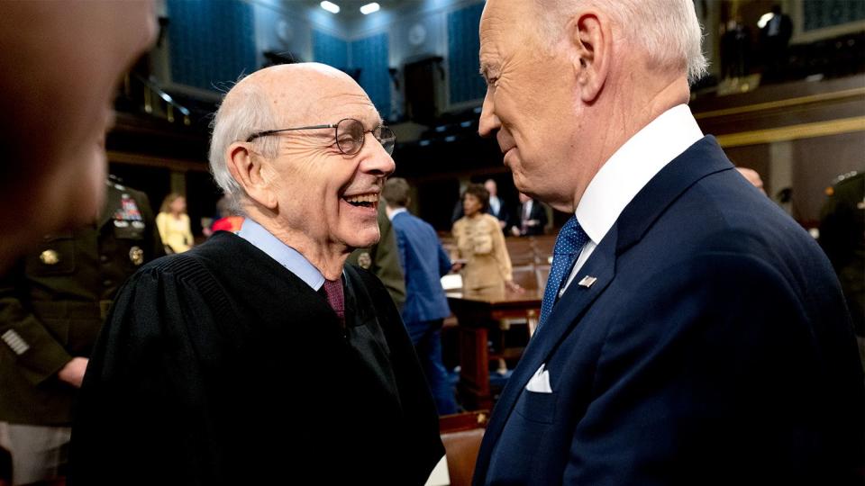 President Joe Biden speaks with Supreme Court Justice Stephen Breyer after delivering the State of the Union in the U.S. Capitol House Chamber on March 1, 2022 in Washington, DC
