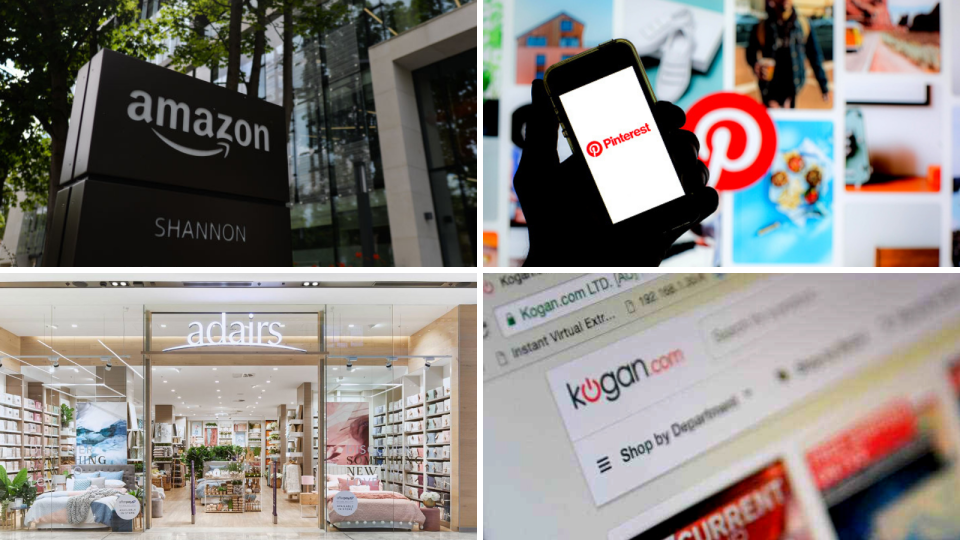 Image, clockwise: Amazon logo; Pinterest; Kogan; Adairs shopfront.