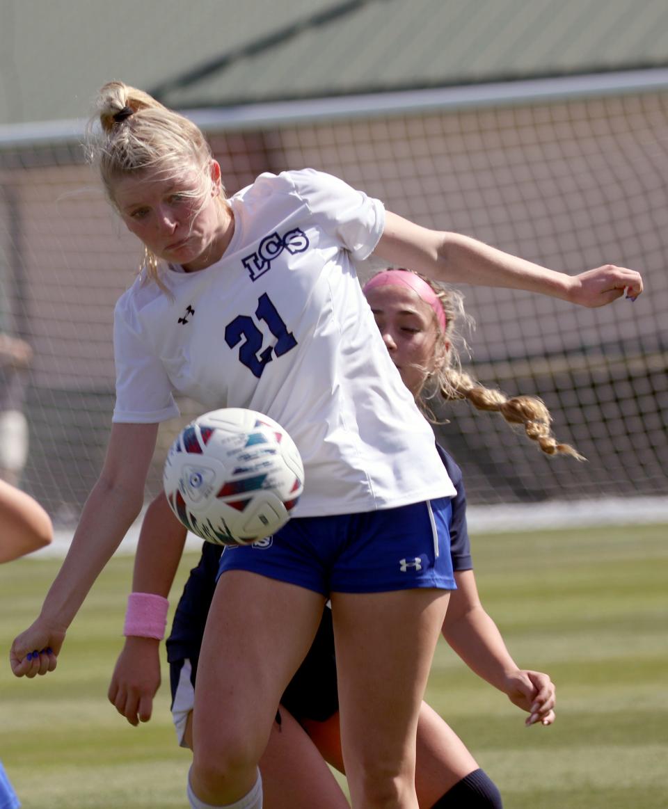 Lakeland Christian junior KJ Straub plays the ball against St. Johns Country Day.  The Vikings won, 2-1, in the Class 2A state championship game.