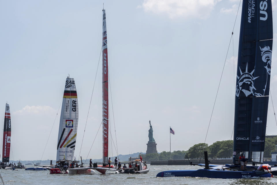 International SailGP teams practice racing ahead of the New York Sail Grand Prix, Friday, June 21, 2024, in New York. (AP Photo/Julia Nikhinson)