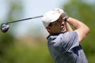 Scott Stallings hits his tee shot off the 18th hole during the second round of the Charles Schwab Challenge golf tournament at the Colonial Country Club, Friday, May 27, 2022, in Fort Worth, Texas. (AP Photo/LM Otero)