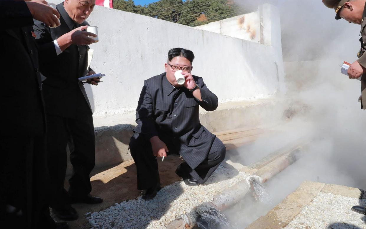 North Korean leader Kim Jong-un inspects the construction site of the Hot Spring Tourist Area in Yangdok County, South Phyongan Province - AFP