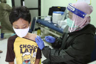 An elementary school student, wearing a face mask as a precaution against the coronavirus outbreak, receives a Td vaccine shot from a health worker during a free vaccination service for schoolchildren in Jakarta, Indonesia,Tuesday, Oct. 27, 2020. (AP Photo/Achmad Ibrahim)