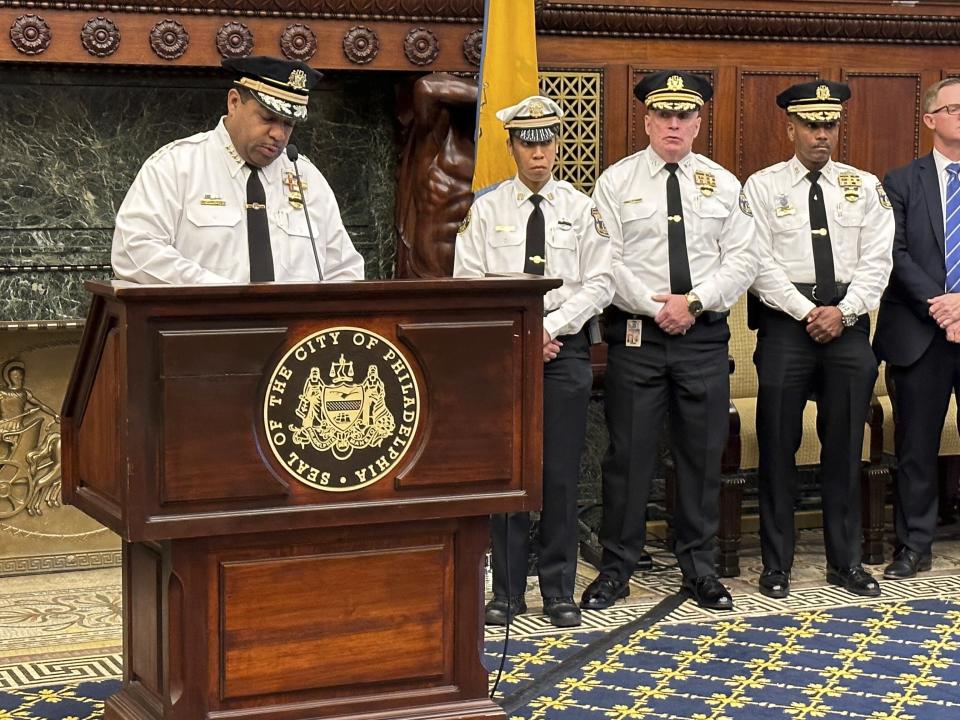 Philadelphia Interim Police Commissioner John M. Stanford Jr. announced two more arrests in the fatal shooting of a city police officer at Philadelphia International Airport last week, during a news conference, Wednesday, Oct. 18, 2023, in Philadelphia. A third man had previously been arrested in the killing of Officer Richard Mendez and wounding of Officer Raul Ortiz. (AP Photo/Tassanee Vejpongsa)