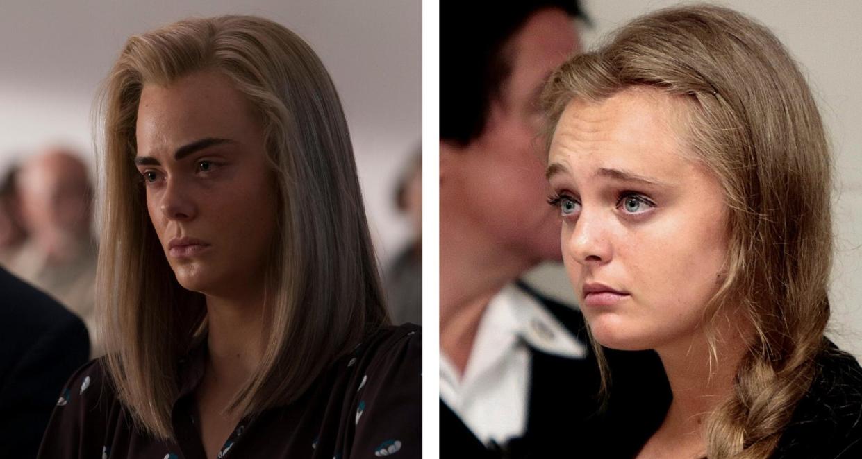 Elle Fanning stars as Michelle Carter, right, in the upcoming Hulu series, "The Girl from Plainville."