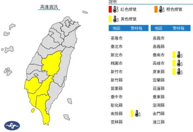 氣象局針對四縣市發布黃色燈號高溫特報。（翻攝自中央氣象局官網)