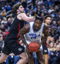 UCLA forward Kenneth Nwuba (14) looks to shoot while Gonzaga forward Drew Timme (2) defends during the first half of an NCAA college basketball game Tuesday, Nov. 23, 2021, in Las Vegas. (AP Photo/L.E. Baskow)