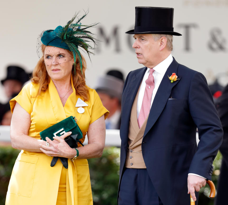 ASCOT, UNITED KINGDOM - JUNE 21: (EMBARGOED FOR PUBLICATION IN UK NEWSPAPERS UNTIL 24 HOURS AFTER CREATE DATE AND TIME) Sarah Ferguson, Duchess of York and Prince Andrew, Duke of York attend day four of Royal Ascot at Ascot Racecourse on June 21, 2019 in Ascot, England. (Photo by Max Mumby/Indigo/Getty Images)