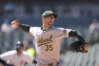 Oakland Athletics pitcher Joe Boyle throws during the first inning of a baseball game against the Detroit Tigers, Sunday, April 7, 2024, in Detroit. (AP Photo/Carlos Osorio)