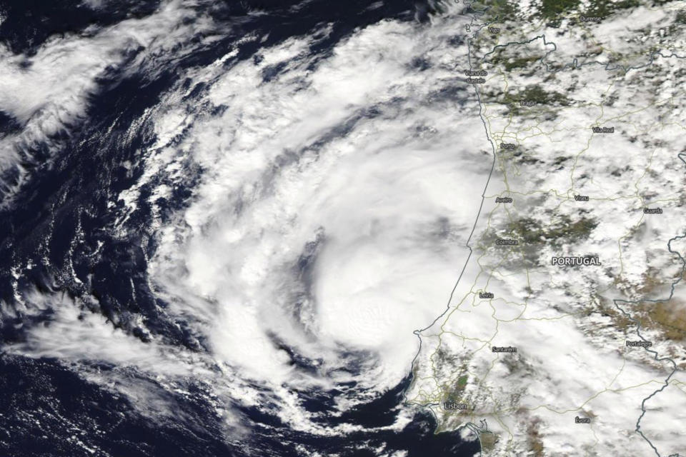 This Aqua satellite image taken Friday, Sept. 18, 2020 and provided by NASA, shows subtropical storm Alpha in the eastern North Atlantic Ocean near Portugal's coast. The Atlantic’s record-breaking “crazy” hurricane season got a bizarre European remake Friday as forecasters ran out of traditional names and trotted out the Greek alphabet for subtropical storm Alpha. And it was misplaced geographically, bearing down on Portugal. (NASA via AP)