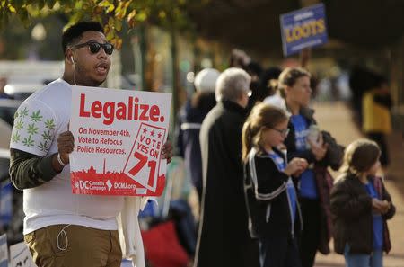 Melvin Clay (L) of the DC Cannabis Campaign holds a sign urging voters to legalize marijuana, at the Eastern Market polling station in Washington in this November 4, 2014 file photograph. REUTERS/Gary Cameron/Files