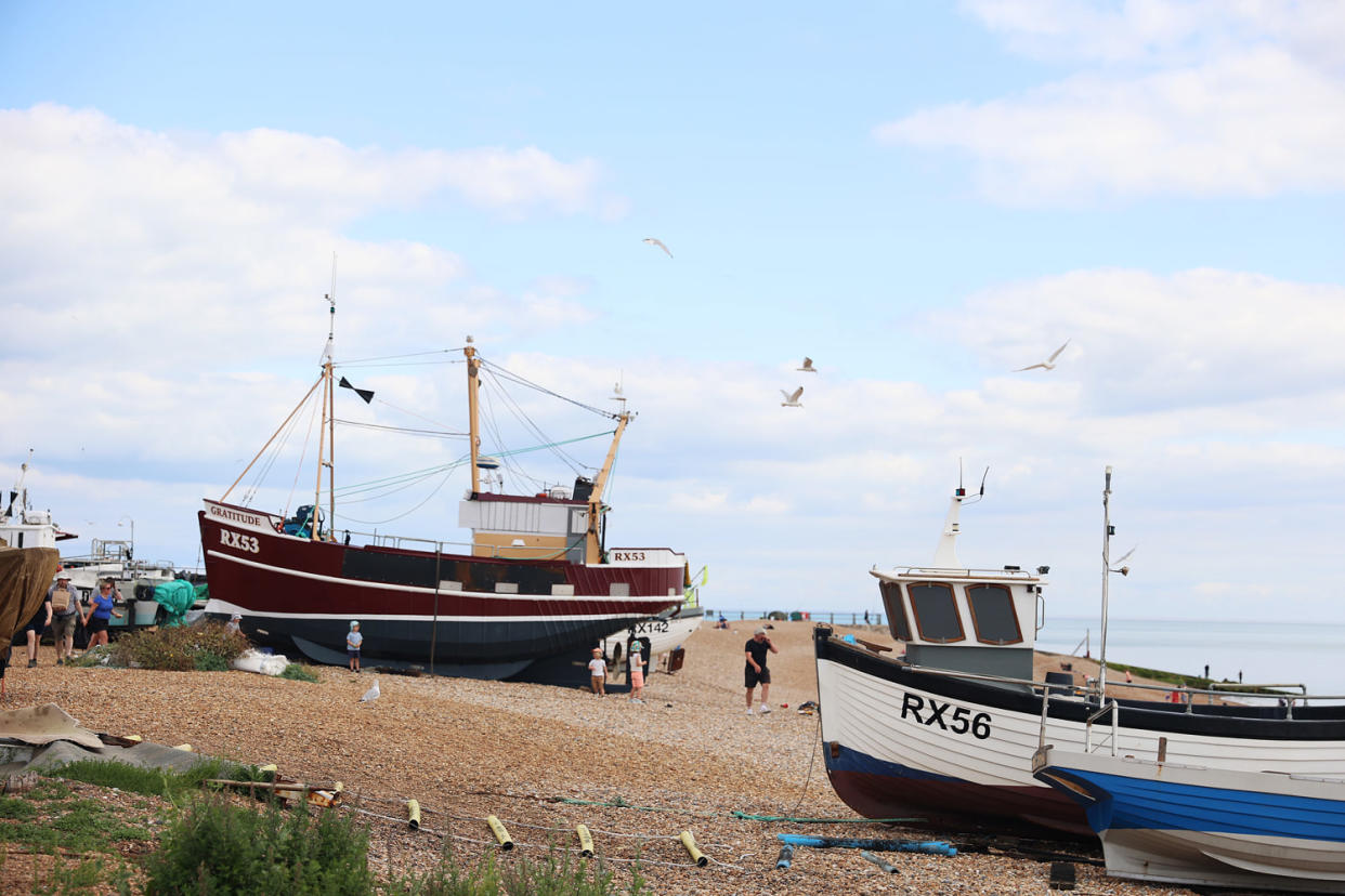 Fishing boats docked on the shore in Hastings, southern England.  (Angela Neil / NBC News)
