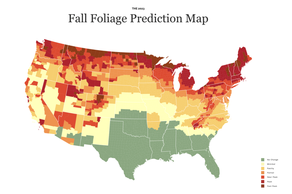 The Smoky Mountains Fall Foliage Prediction Map forecasts near-peak colors for much of Pennsylvania for the week of Oct. 9. Centre County is expected to reach its peak around then.