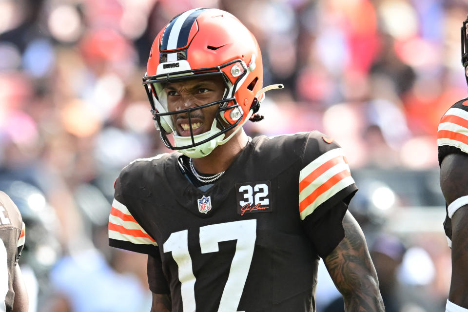 Oct 1, 2023; Cleveland, Ohio, USA; Cleveland Browns quarterback Dorian Thompson-Robinson (17) reacts after a play during the second half against the Baltimore Ravens at Cleveland Browns Stadium. Mandatory Credit: Ken Blaze-USA TODAY Sports