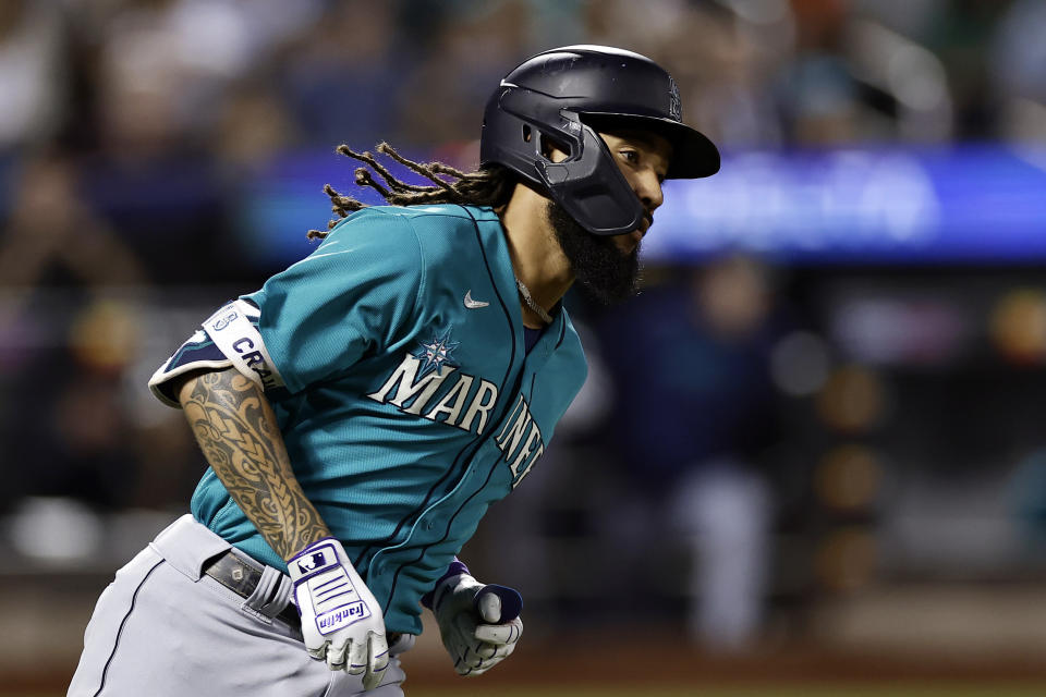 Seattle Mariners' J.P. Crawford runs the bases after hitting a home run against the New York Mets during the fourth inning of a baseball game Friday, Sept. 1, 2023, in New York. (AP Photo/Adam Hunger)