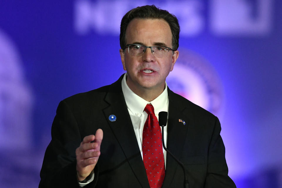 Kentucky Auditor Mike Harmon makes his opening statement during the Kentucky gubernatorial GOP primary debate in Louisville, Ky., Tuesday, March 7, 2023. (AP Photo/Timothy D. Easley, Pool)