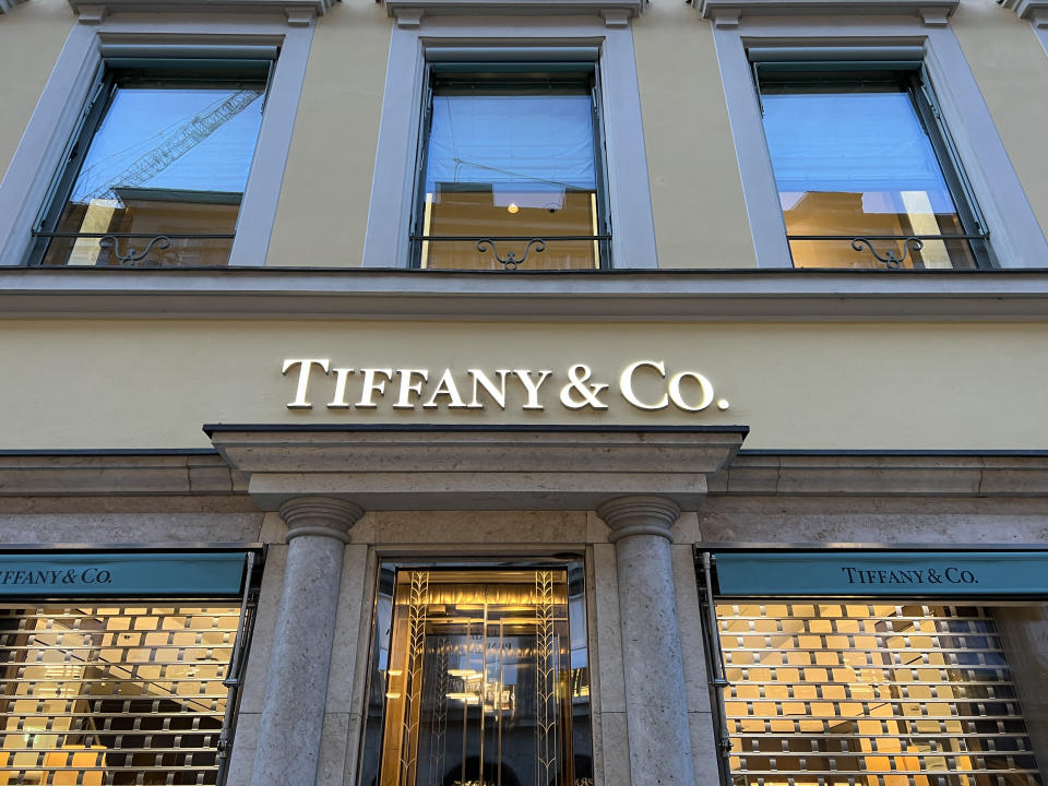 Munich, Bavaria Germany - February 22, 2022: Tiffany and Co. high end jewelry fashion store, shop front logo.