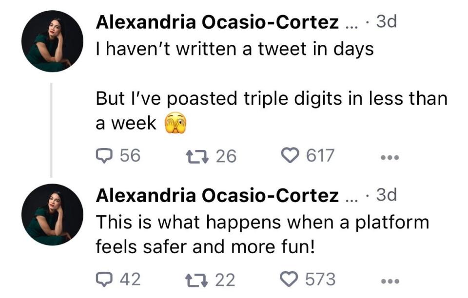 In a "skeet" on Bluesky, Rep. Ocasio-Cortez declares the platform to be "safer and more fun" than Twitter.