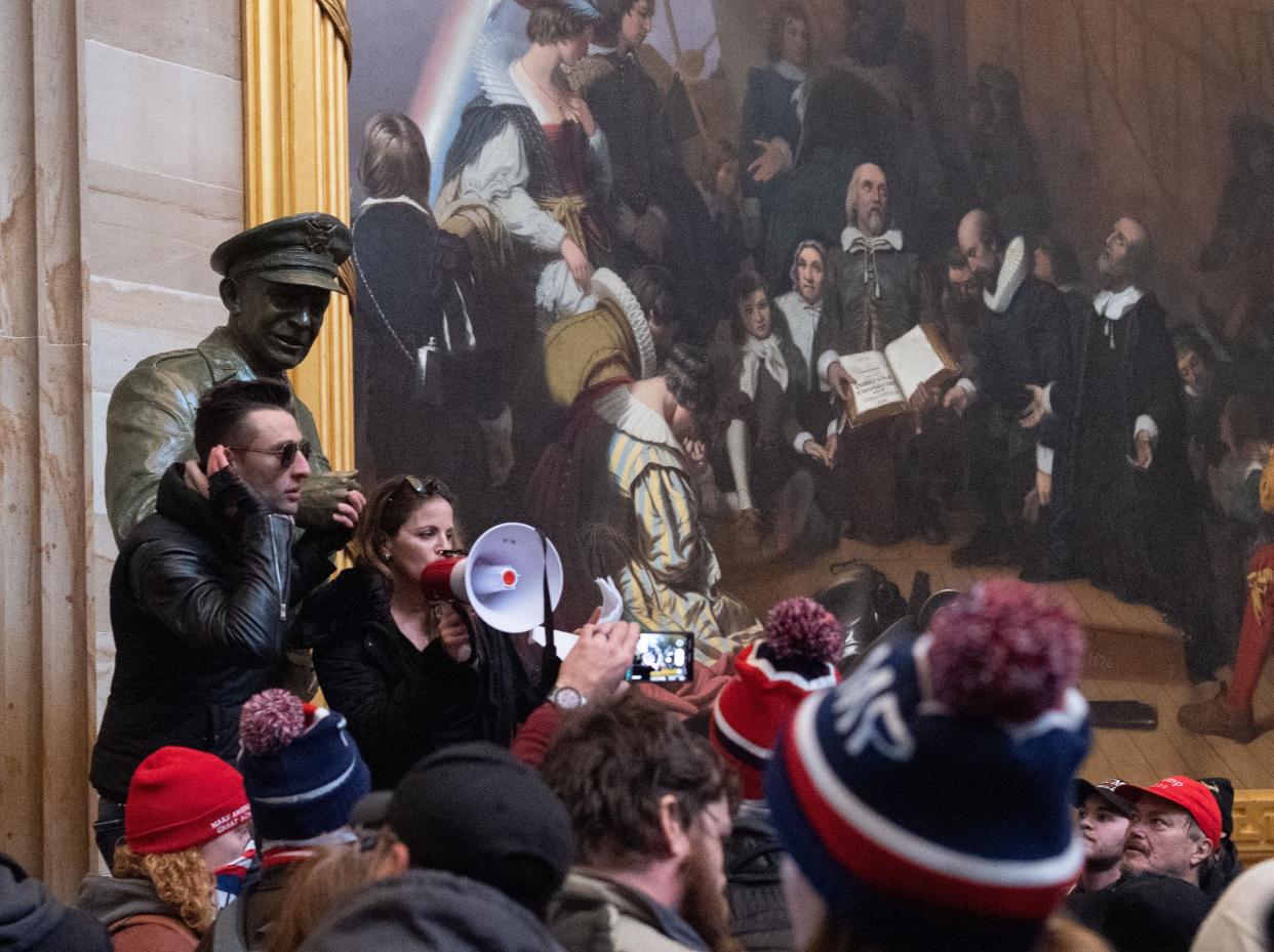 Supporters of US President Donald Trump protest in the US Capitol Rotunda on January 6, 2021, in Washington, DC. - Demonstrators breeched security and entered the Capitol as Congress debated the a 2020 presidential election Electoral Vote Certification. (Photo by SAUL LOEB / AFP) (Photo by SAUL LOEB/AFP via Getty Images) (Photo: SAUL LOEB via Getty Images)